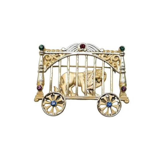 AJC Rhinestones Lion in Circus Wagon Cage Brooch Pin Gold Tone Vintage - Picture 1 of 6